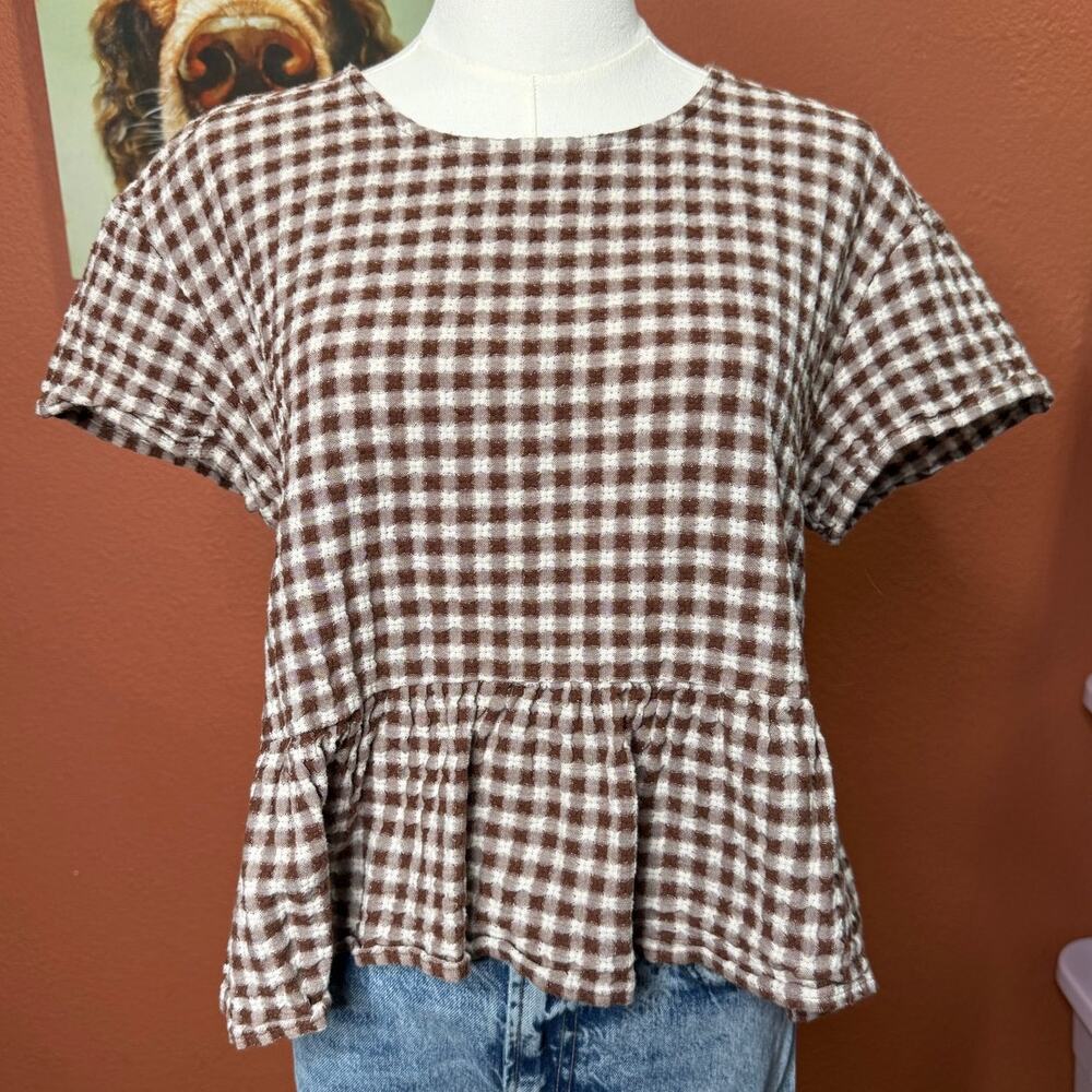 Madewell Medford Brown Gingham Checkered Peplum Short Sleeve Top Medium - Picture 2 of 8